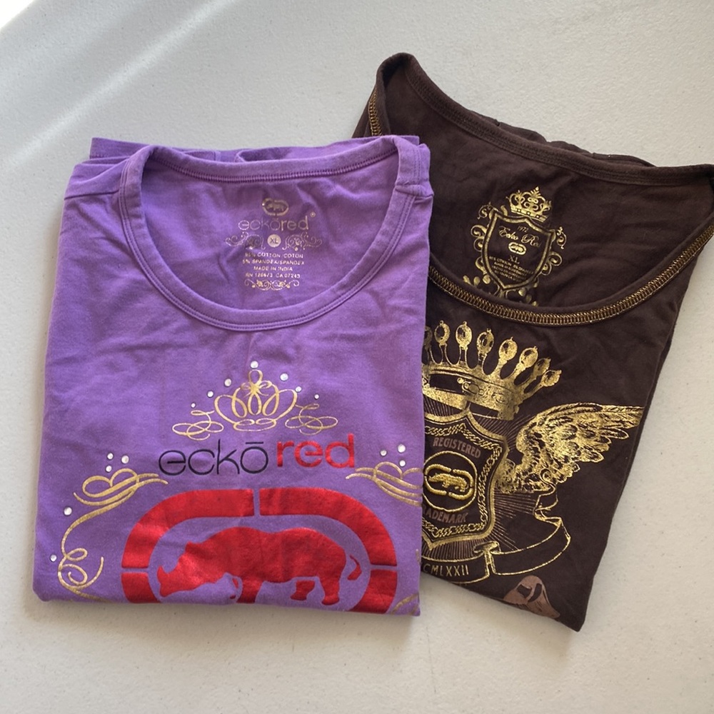 PAIR of EckoRed Brown & EckoRed Purple TShirts Rhinestones XL